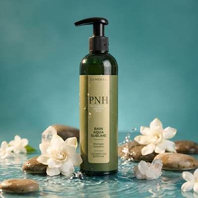 immagine del prodotto ambientata su sfondo azzurro con acqua ed elementi decorativi naturali 